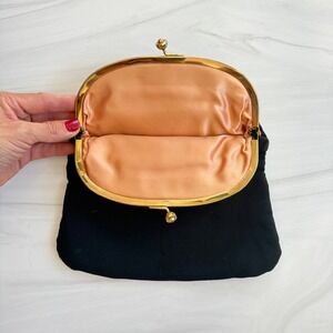 Vintage Ingber Black Ribbed Fabric Clutch Bag Gold Tone Kiss Lock USA Made